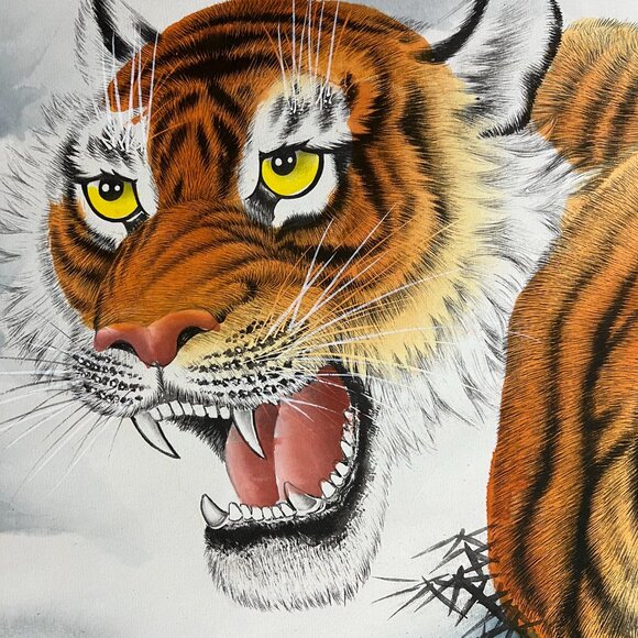 Asian Chinese Hanging Scroll Art Tiger Hand Painted 69" x 28" - Picture 4 of 15